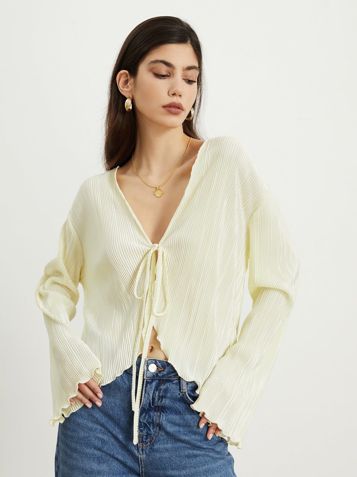 Textured Ruffle Graceful Trim Tied Blouse