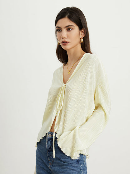 Textured Ruffle Graceful Trim Tied Blouse