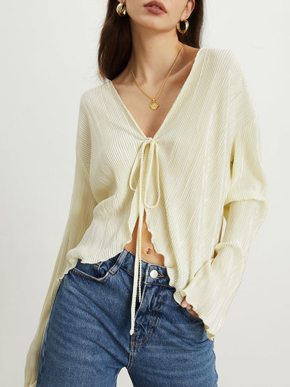 Textured Ruffle Graceful Trim Tied Blouse