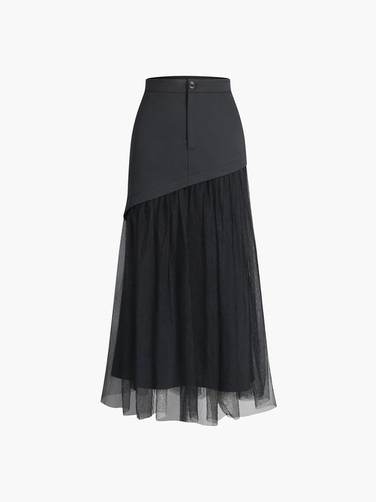 Patchwork Button Graceful Mesh Midi Skirt