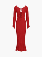Tie Front Backless Lace Trendy Up Sweater Long Dress Red / S Sweaters L