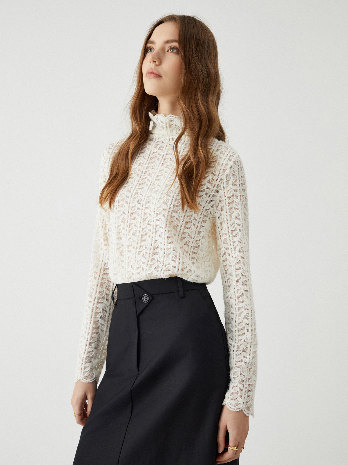 Lace Floral Graceful Pattern Mockneck Top