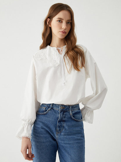 Ruffle Tie Neck Trendy Lantern Sleeve Shirt