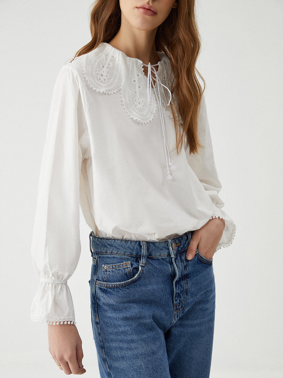 Ruffle Tie Neck Trendy Lantern Sleeve Shirt