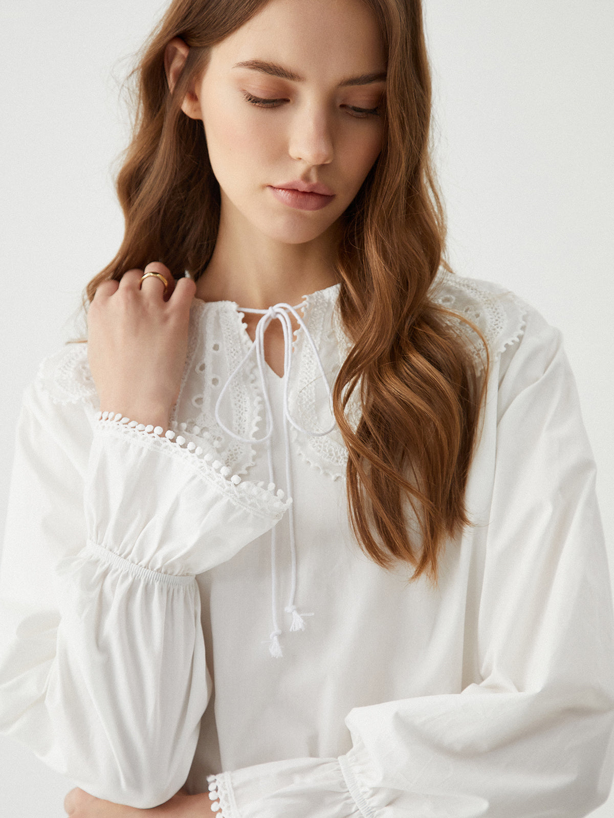 Ruffle Tie Neck Trendy Lantern Sleeve Shirt