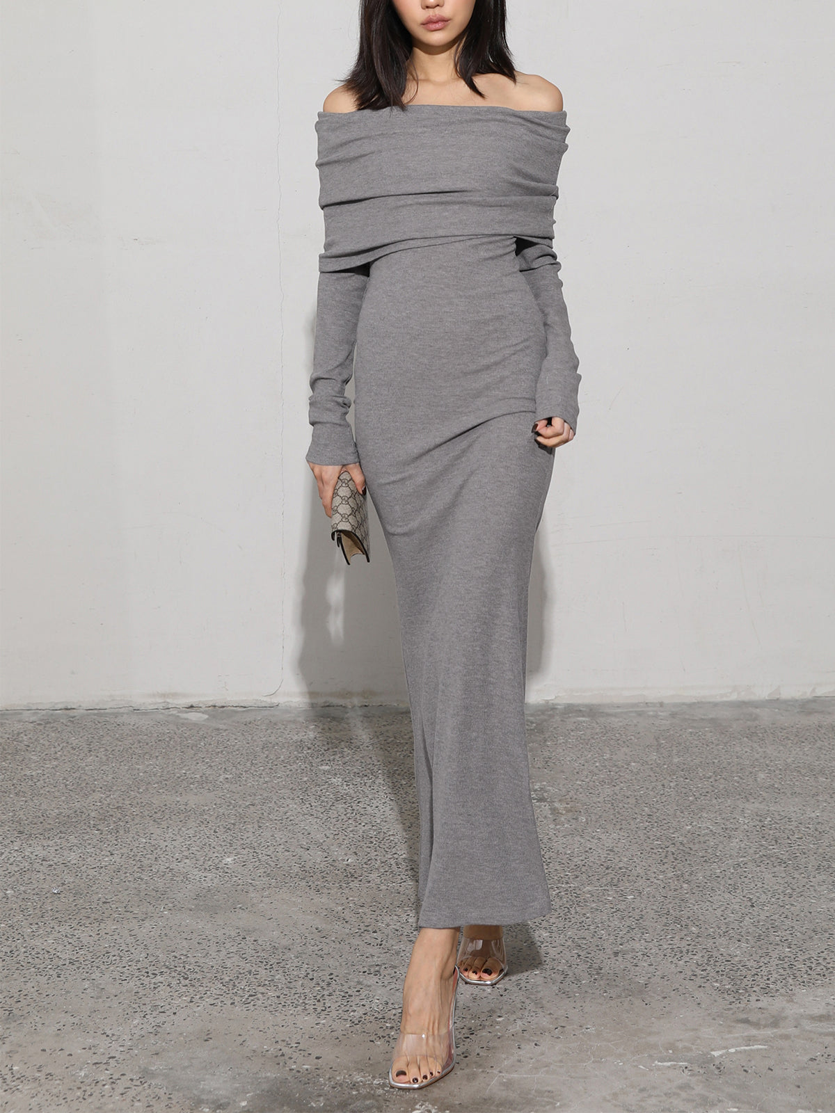Charcoal Off Shoulder Overfold Modern Long Sleeve Long Dress Grey / XS Knit Dresses Main image