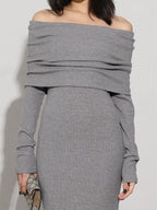 Charcoal Off Shoulder Overfold Modern Long Sleeve Long Dress Knit Dresses