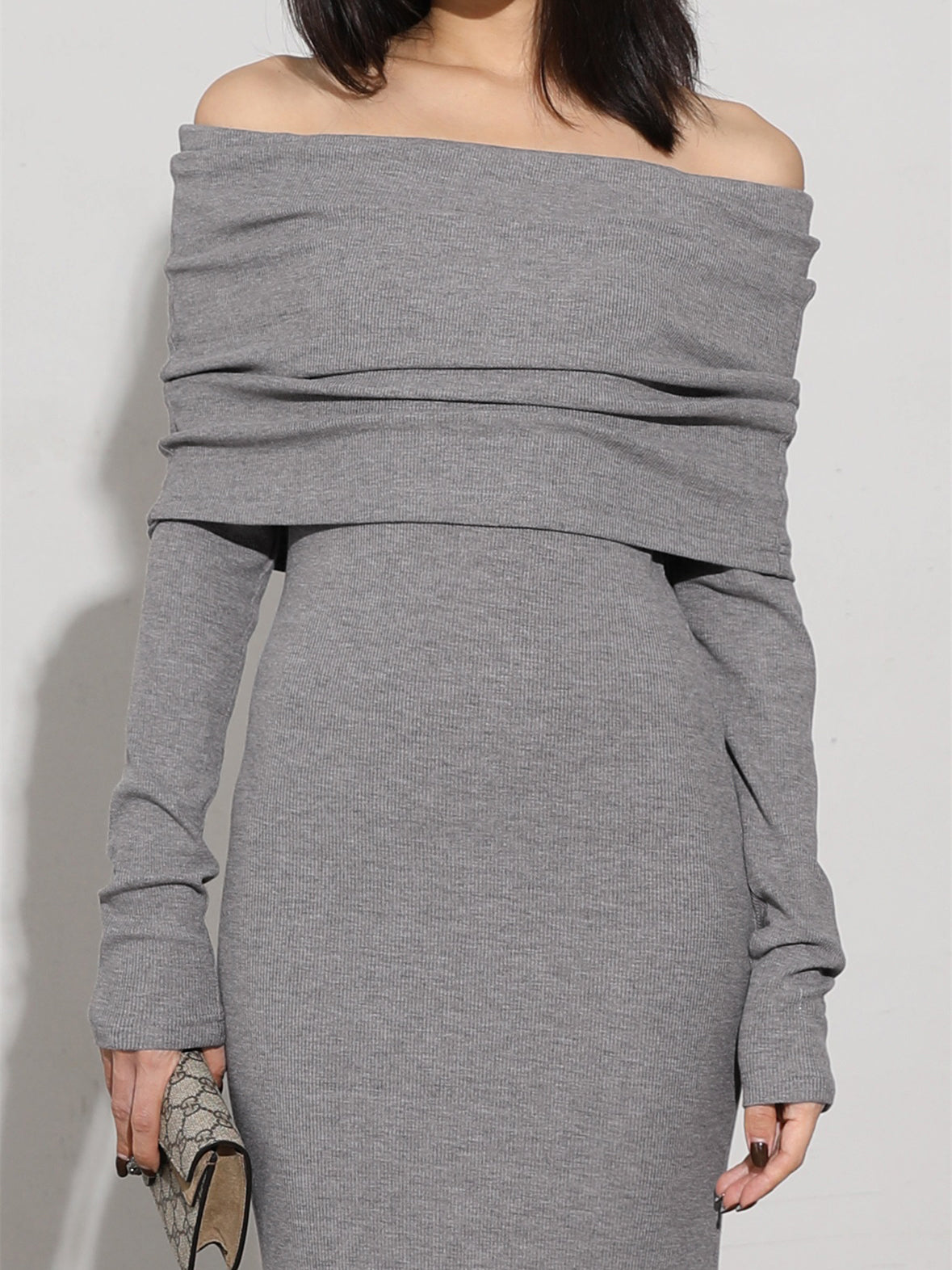 Charcoal Off Shoulder Overfold Modern Long Sleeve Long Dress Knit Dresses