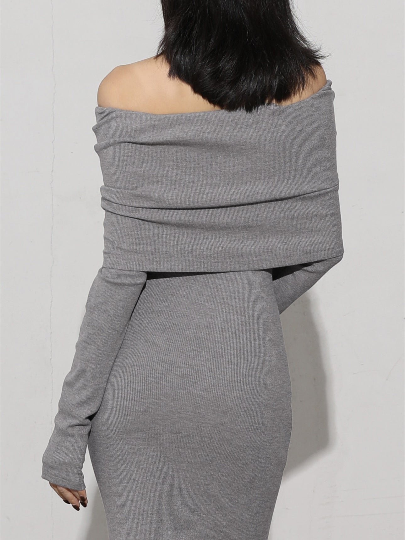 Charcoal Off Shoulder Overfold Modern Long Sleeve Long Dress Secondary image