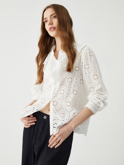 Cotton Ruffle Graceful Eyelet Blouse