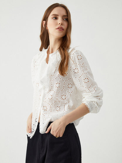 Cotton Ruffle Graceful Eyelet Blouse