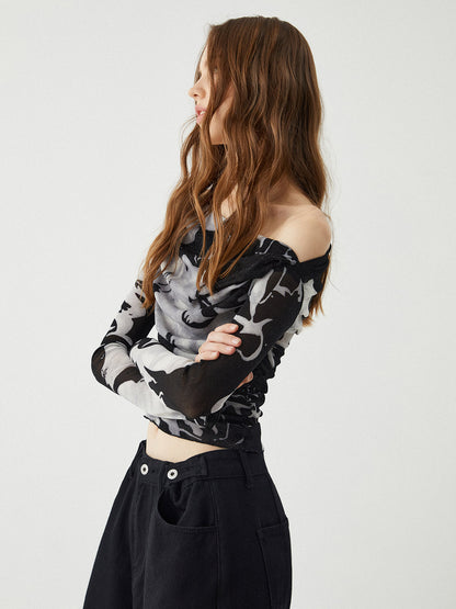 Ink Printed Graceful One-Shoulder Top