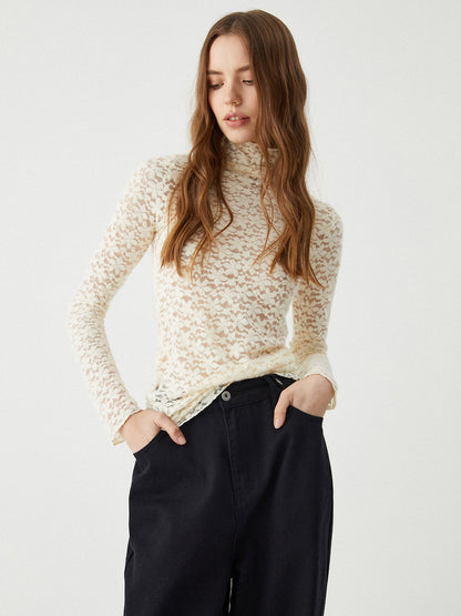 Sheer Lace Graceful Funnel Neck Top