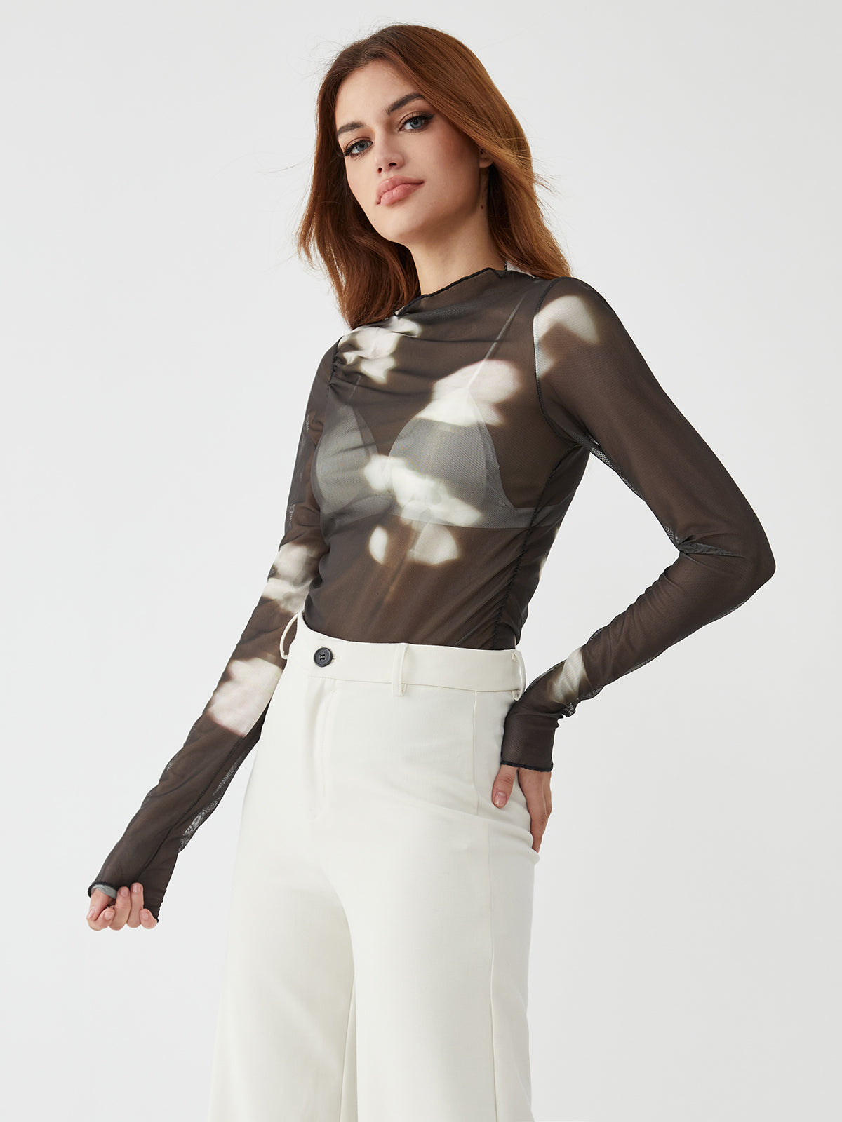 Sheer Irregular Print Trendy Long Sleeve Top