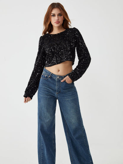 Sequin Long Sleeve Trendy Backless Crop Top