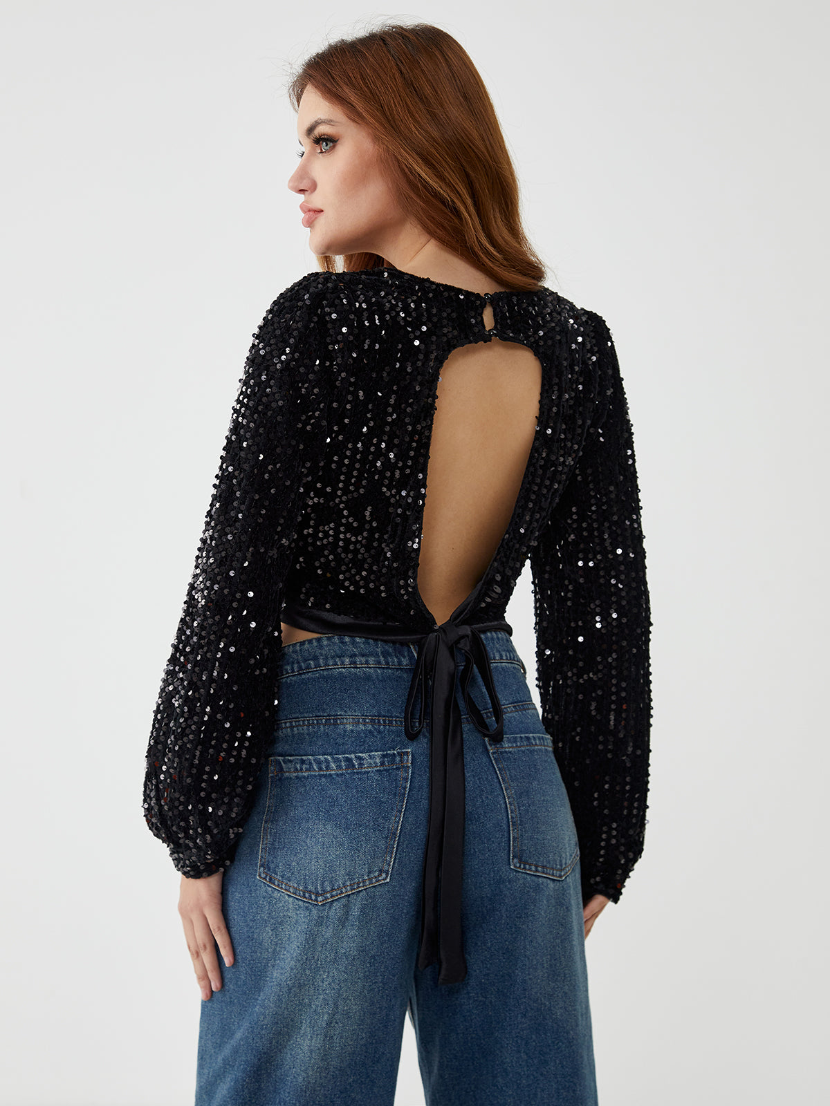 Sequin Long Sleeve Trendy Backless Crop Top