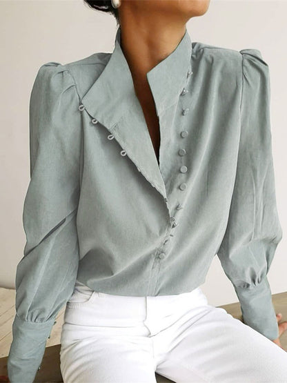 Solid Button Graceful Stand Collar Shirt