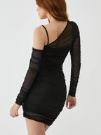 Asymmetrical Neck Contrast Mesh Modern Ruched Bodycon Short Dress Knit Dresses
