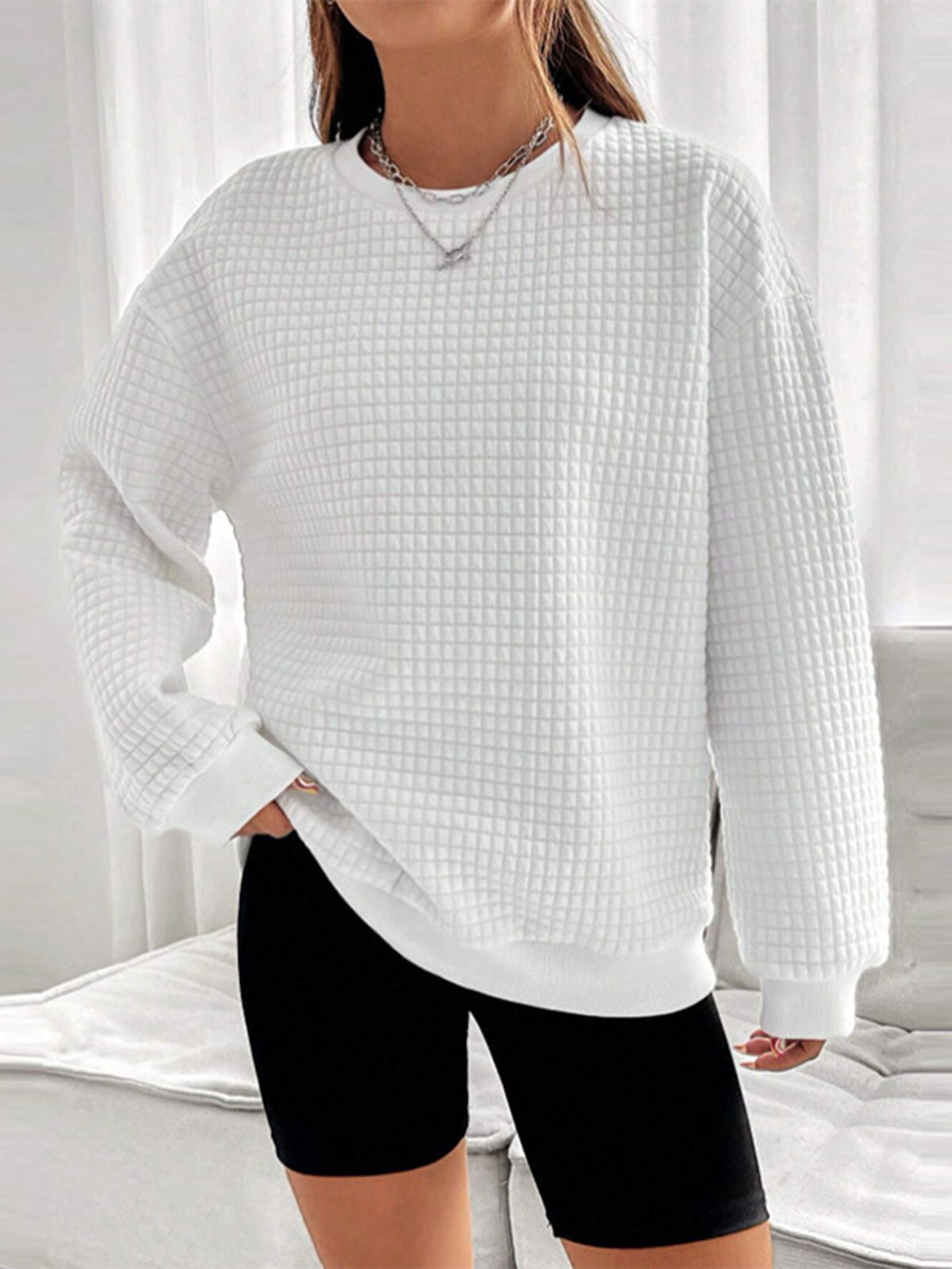 Solid Textured Graceful Crew Neck Sweatshirt