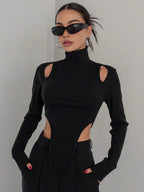 Cut Out High Trendy Neck Asymmetric Hem Top Black / XS T Shirts