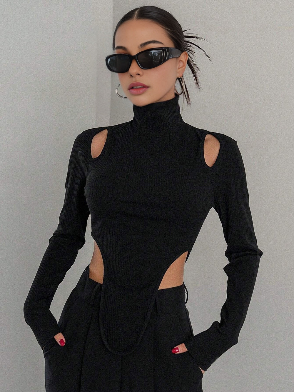 Cut Out High Trendy Neck Asymmetric Hem Top Black / XS T Shirts