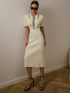Contrast Trim Collared Rib Modern Knit Short Sleeve Midi Dress Apricot / XS Sweaters L