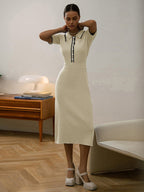 Contrast Trim Collared Rib Modern Knit Short Sleeve Midi Dress Sweaters L