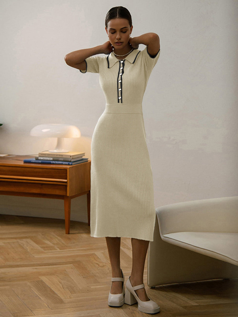 Contrast Trim Collared Rib Modern Knit Short Sleeve Midi Dress Sweaters L