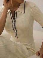 Contrast Trim Collared Rib Modern Knit Short Sleeve Midi Dress Sweaters L