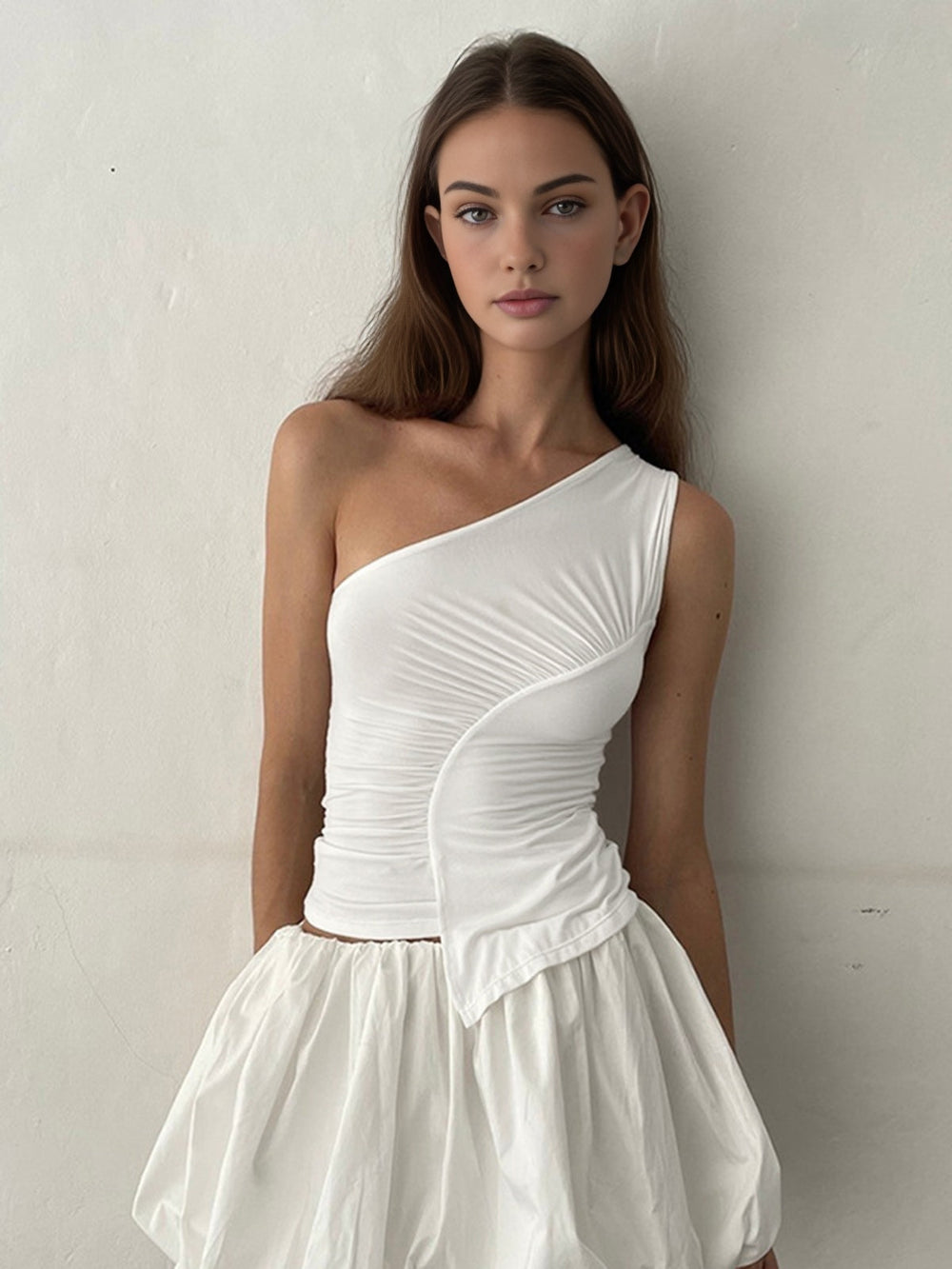 Sleeveless One Shoulder Trendy Ruched Plain Top Tank Tops & Camis
