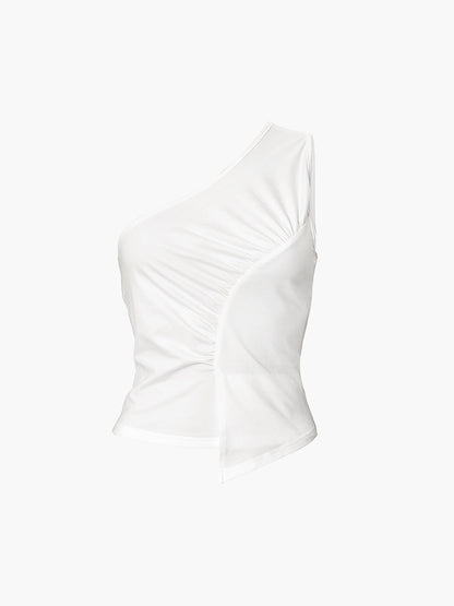 Sleeveless One Shoulder Trendy Ruched Plain Top