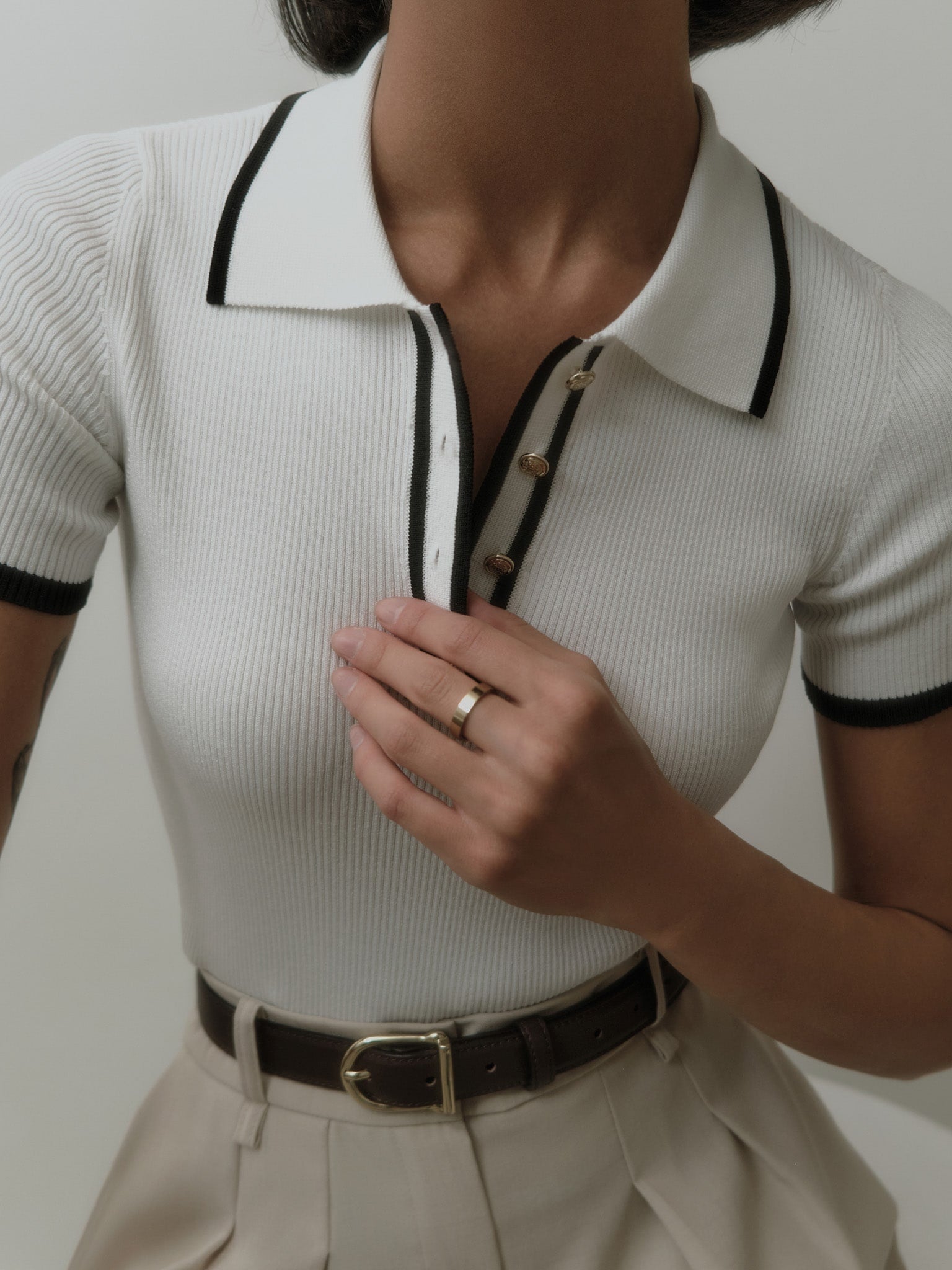 Contrast Trim Metal Trendy Button Knit Top White / XS Sweaters L Main image