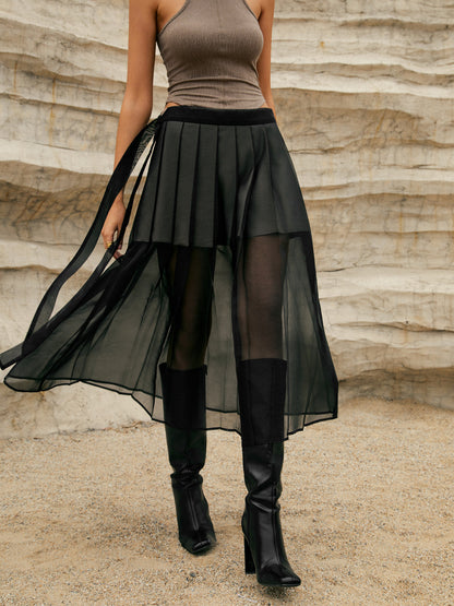 Pleated Double-Layered Graceful Mesh Midi Skirt