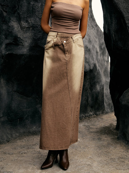 Washed Asymmetric Graceful Denim Maxi Skirt