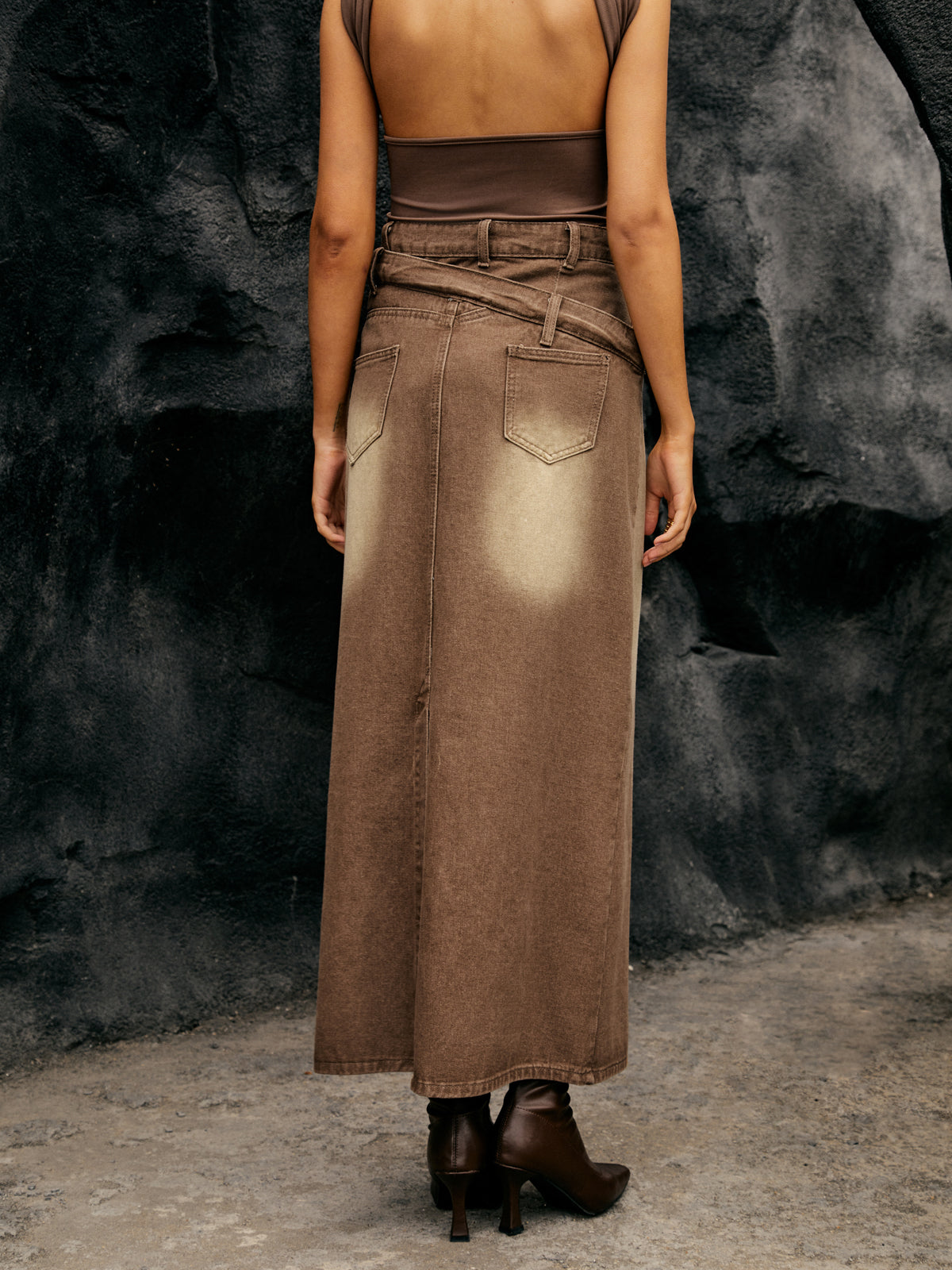 Washed Asymmetric Graceful Denim Maxi Skirt