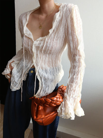 Chiffon Sheer Lettuce Trendy Trim Long Sleeve Shirt