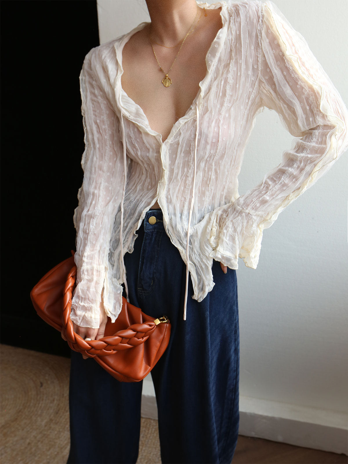 Chiffon Sheer Lettuce Trendy Trim Long Sleeve Shirt