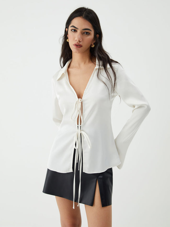 Tie Up V Neck Trendy Long Sleeve Blouse White / XS Blouses Main image