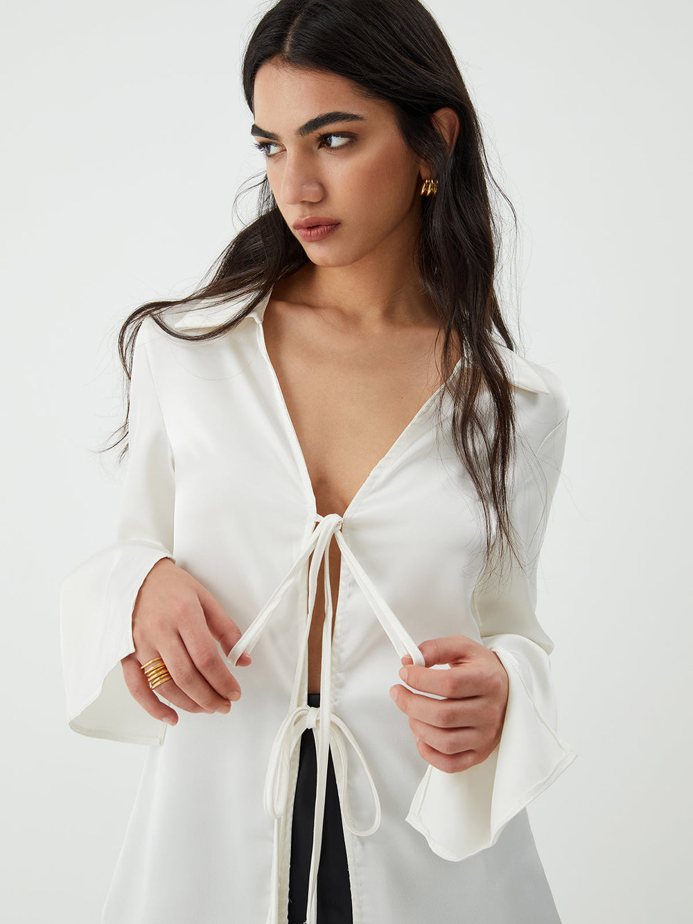 Tie Up V Neck Trendy Long Sleeve Blouse Blouses