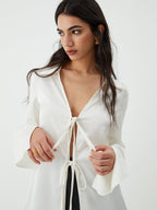Tie Up V Neck Trendy Long Sleeve Blouse Blouses