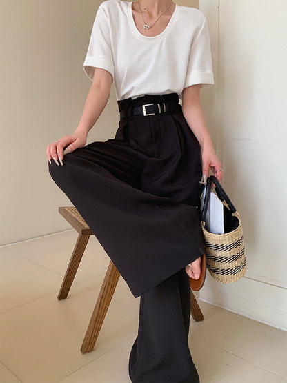 Solid Wide Leg Trendy Pants Without Belt