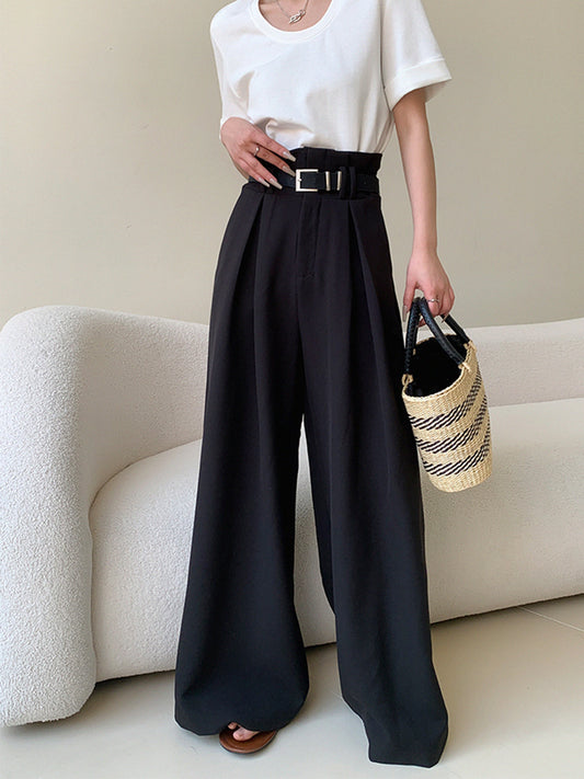 Solid Wide Leg Trendy Pants Without Belt