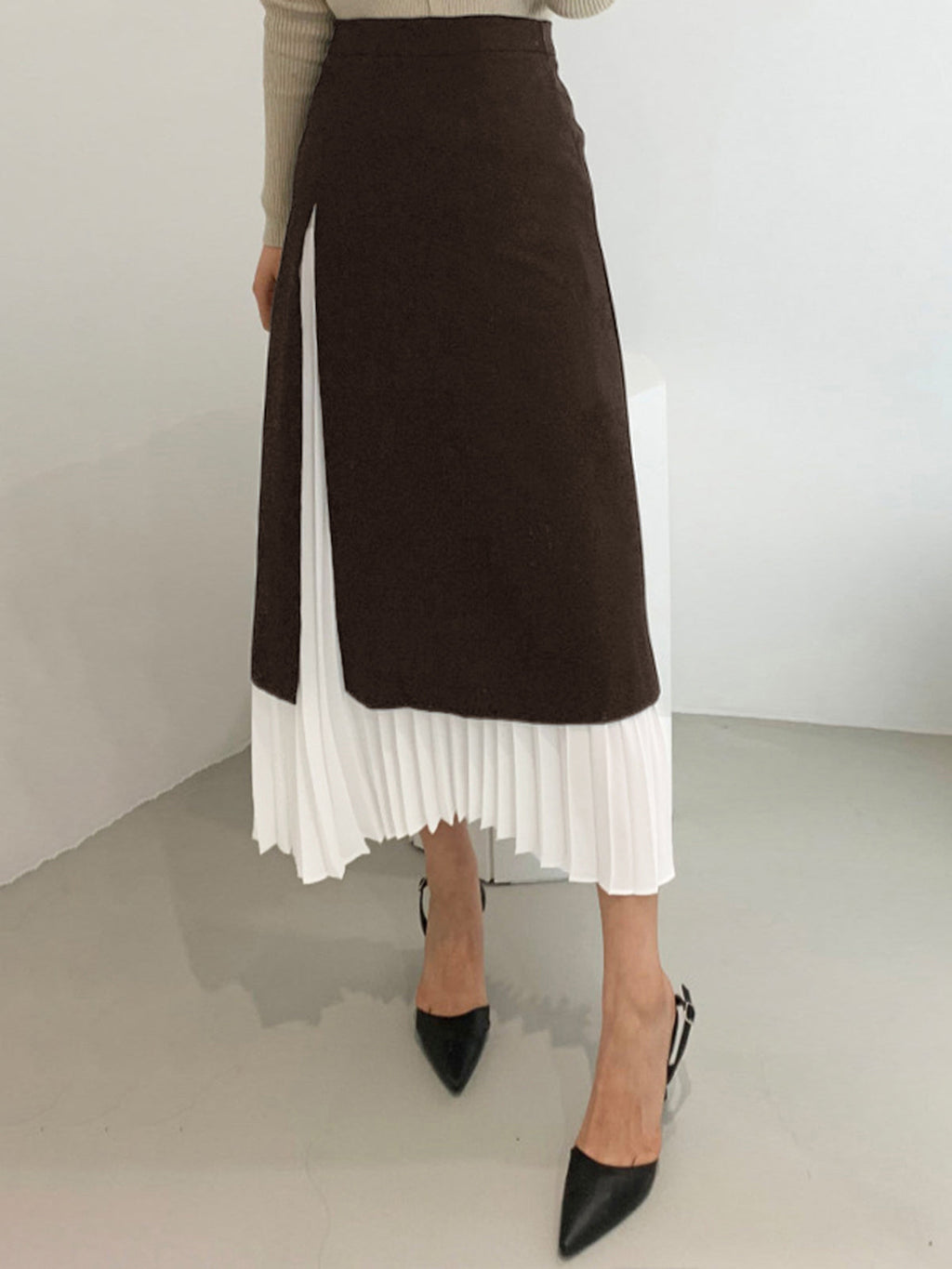 Two Tone Graceful Pleated Long Skirt Dark Brown / XS Skirts