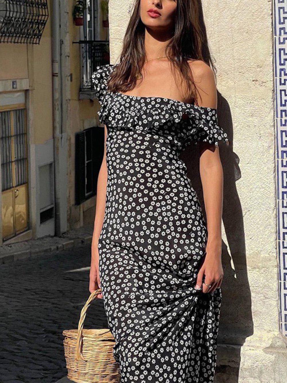 Daisy Floral Graceful Print Long Dress Black / XS Floral Dresses
