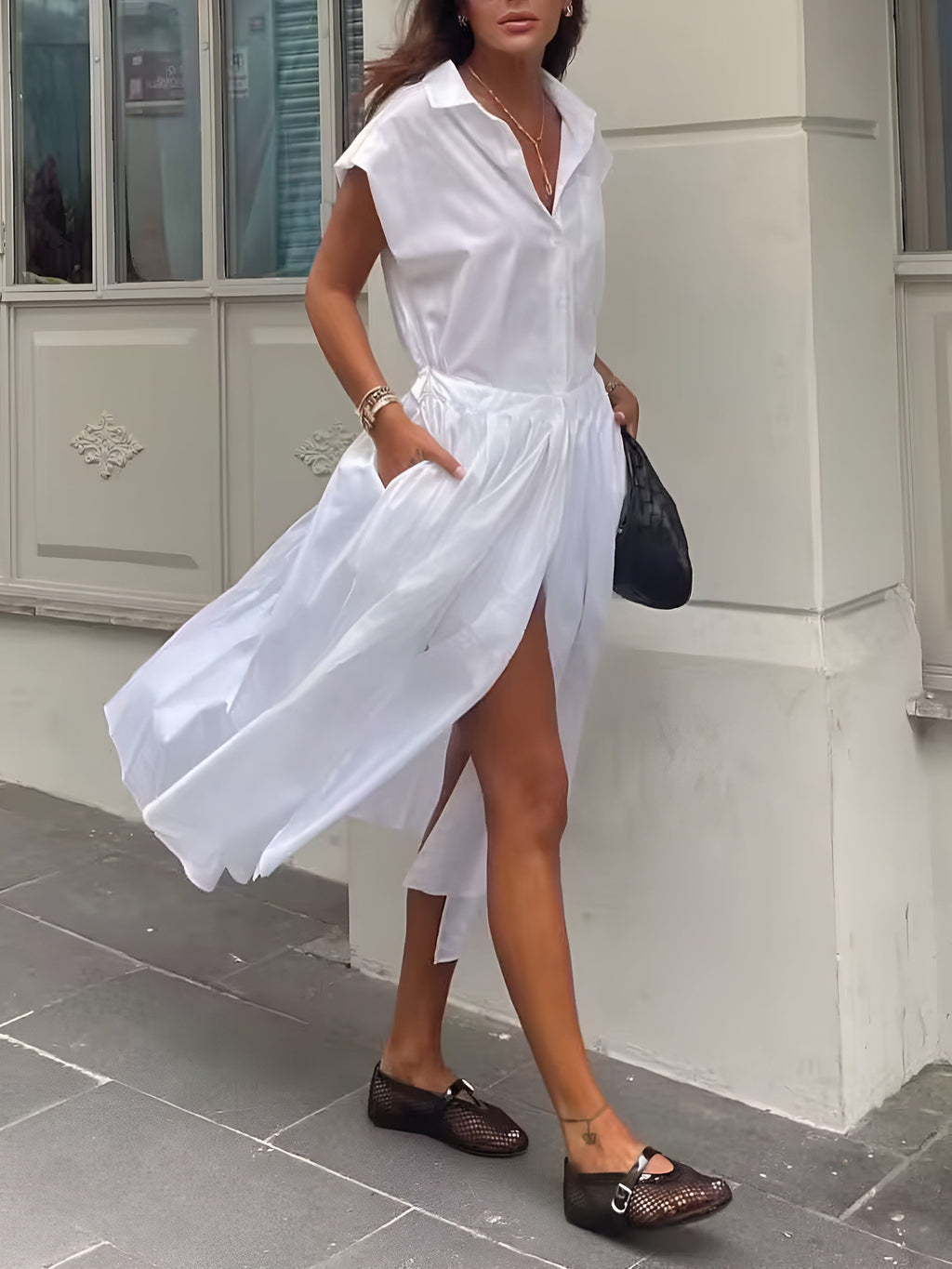 Cotton Blends Sleeveless Trendy Split Midi Dress Dresses