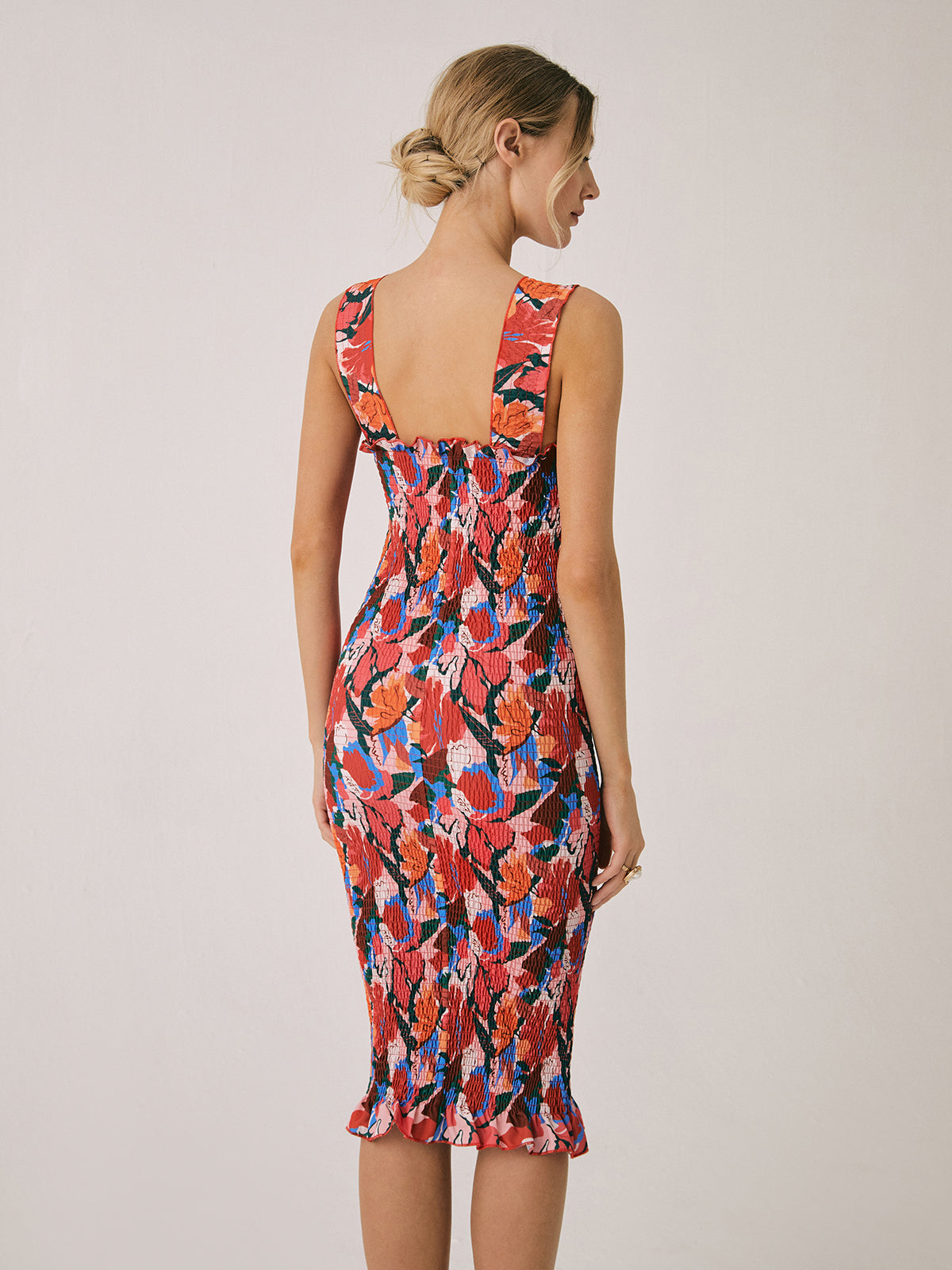 Floral Ruffle Graceful Shirred Midi Dress