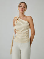 Rosette One Shoulder Trendy Off Tank Top Champagne / XS Tank Tops & Camis