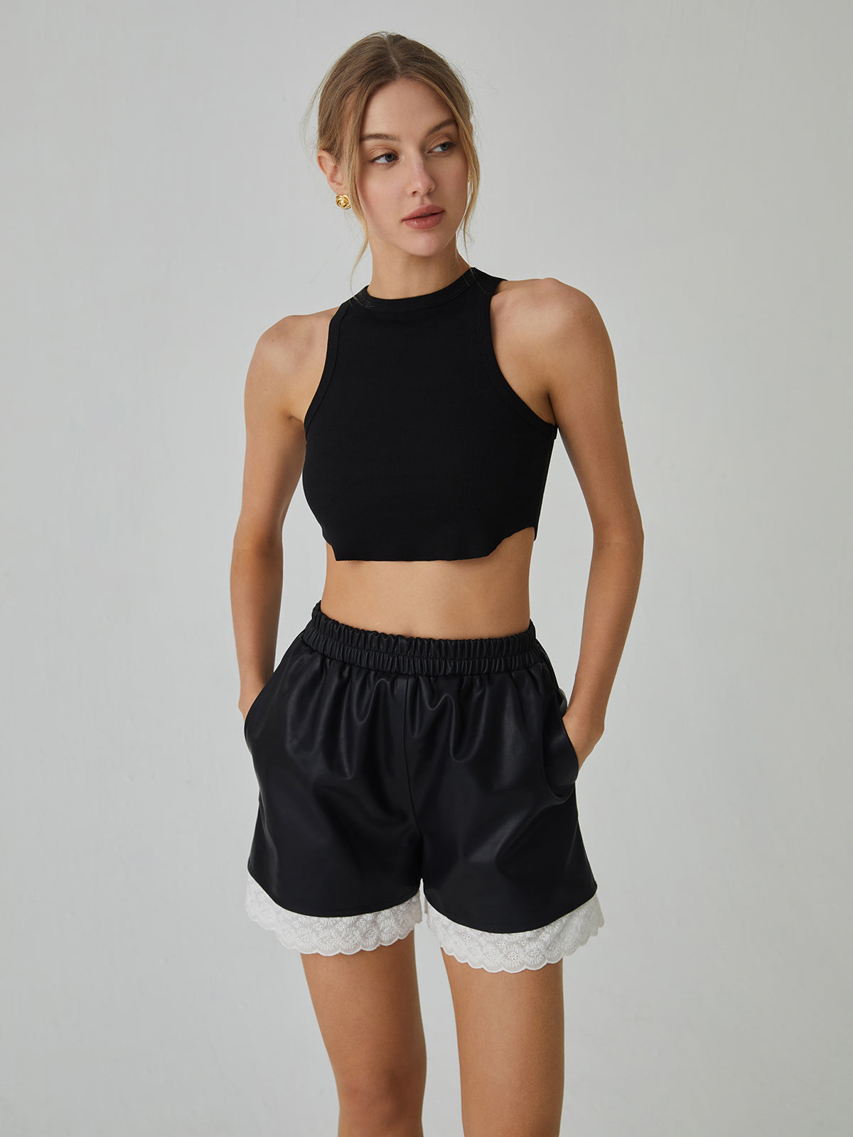 Faux Leather Graceful Lace Patchwork Shorts Secondary image