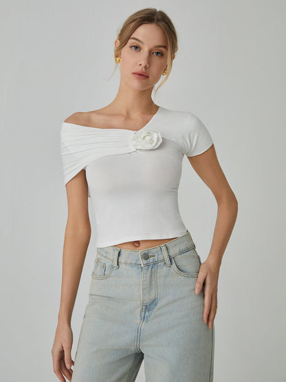 Rosette Asymmetric Graceful Short Sleeve Top