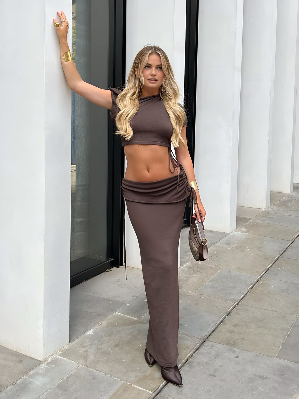 Solid Drawstring Low Trendy Waist Skirt Set Skirt Sets
